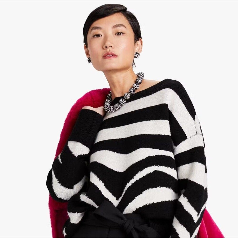 Kate Spade Bold Zebra Sweater Wool Yak Blend Black Cream Striped Pullover M NWOT